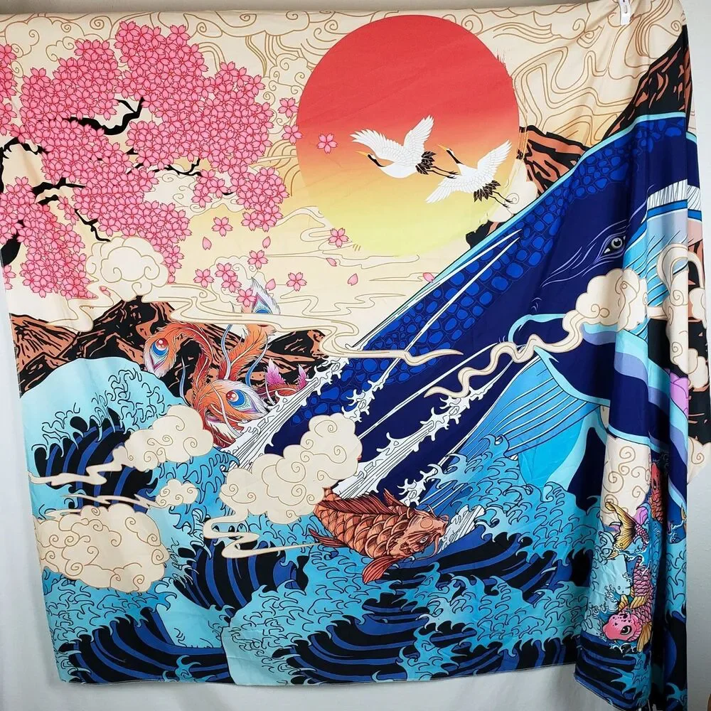 Japanese Ukiyo-e Whale Wall Tapestry 60